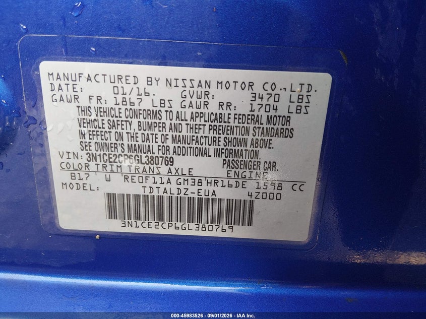 NISSAN VERSA NOTE 2016 VIN 3N1CE2CP6GL380769
