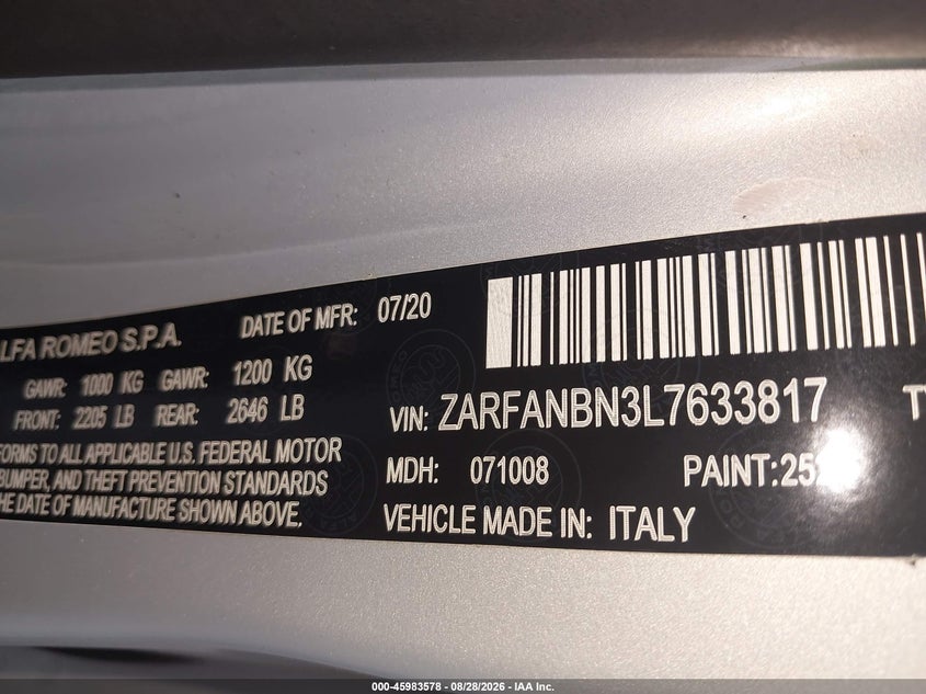 ALFA-ROMEO GIULIA 2020 VIN ZARFANBN3L7633817