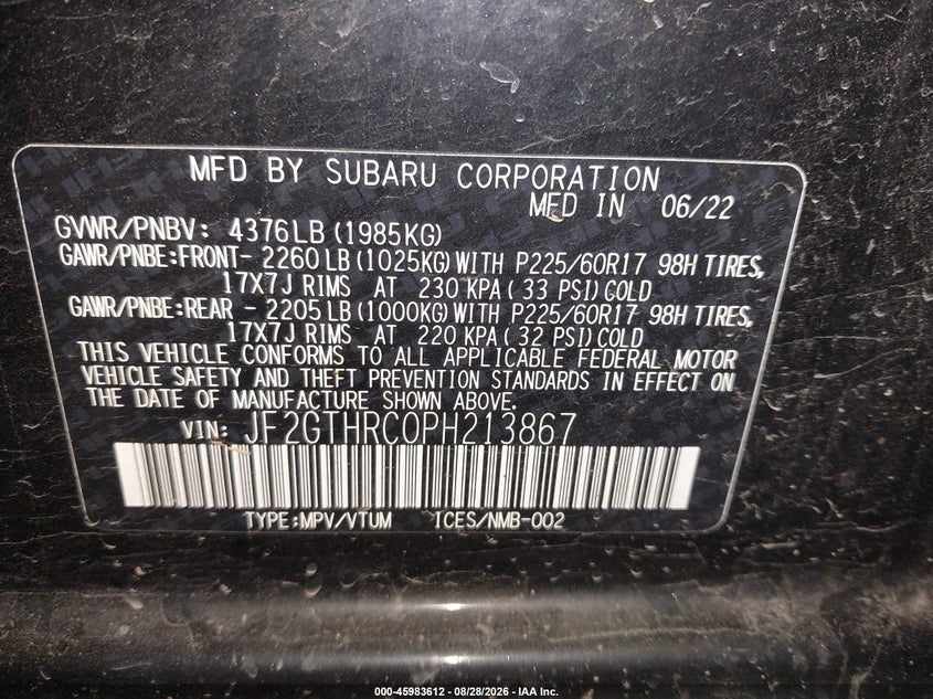 SUBARU CROSSTREK 2023 VIN JF2GTHRC0PH213867