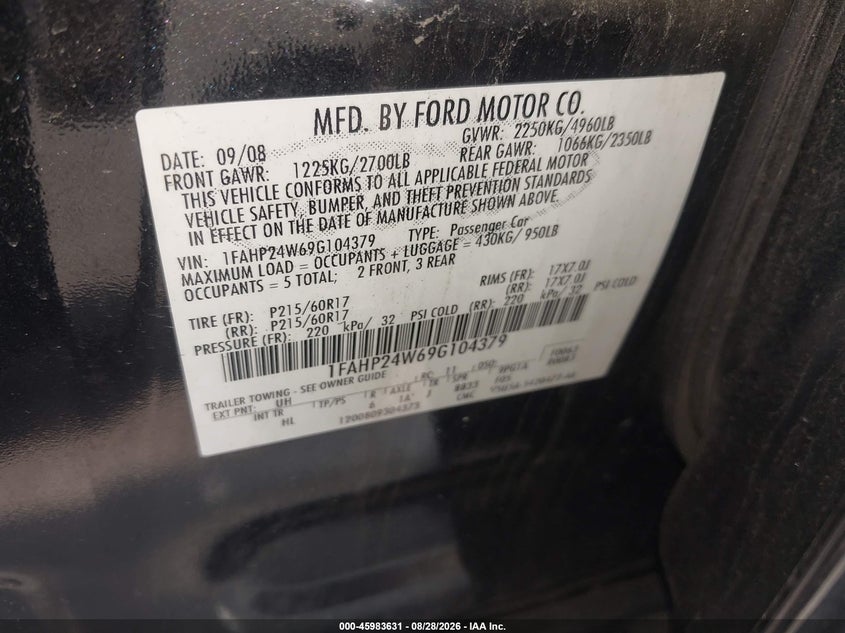 FORD TAURUS 2009 VIN 1FAHP24W69G104379