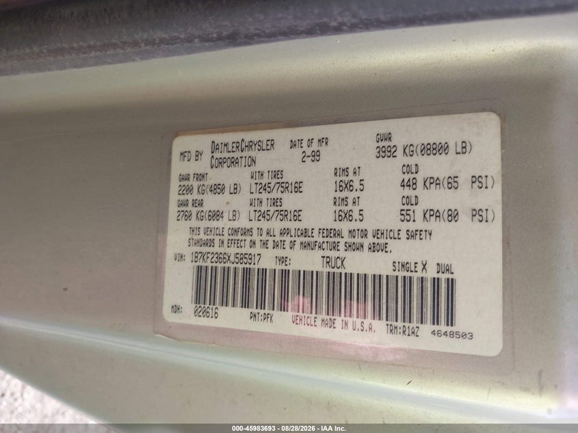 DODGE RAM 2500 1999 VIN 1B7KF2366XJ585917