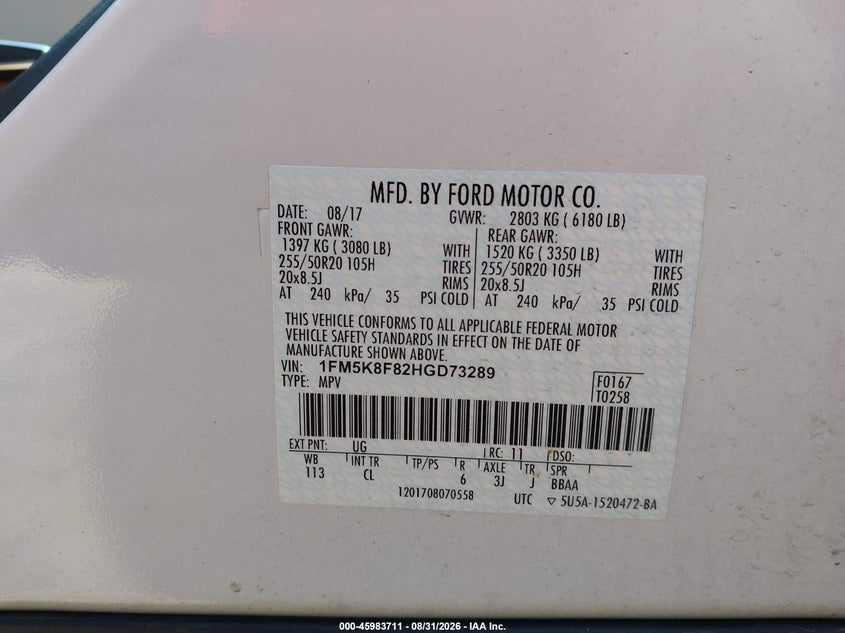 FORD EXPLORER 2017 VIN 1FM5K8F82HGD73289