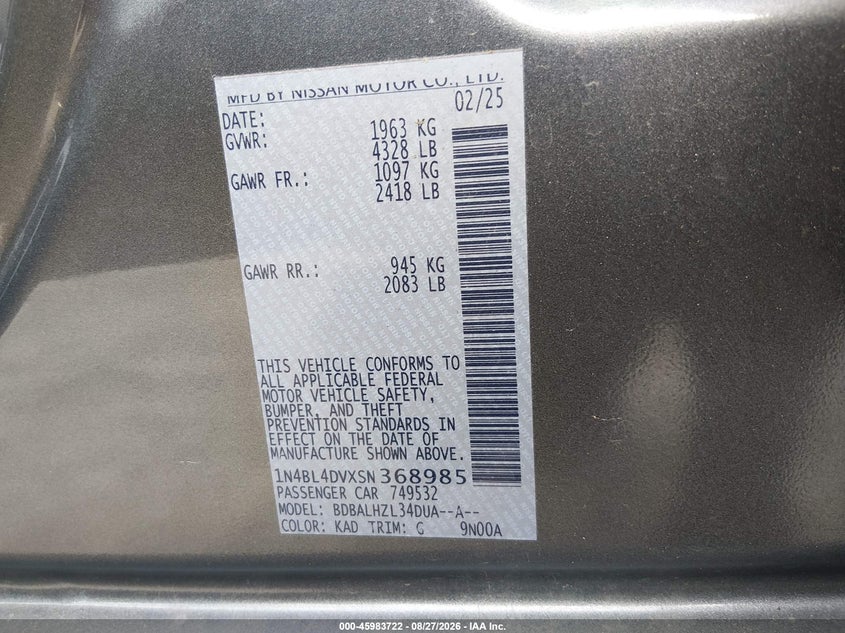 NISSAN ALTIMA 2025 VIN 1N4BL4DVXSN368985