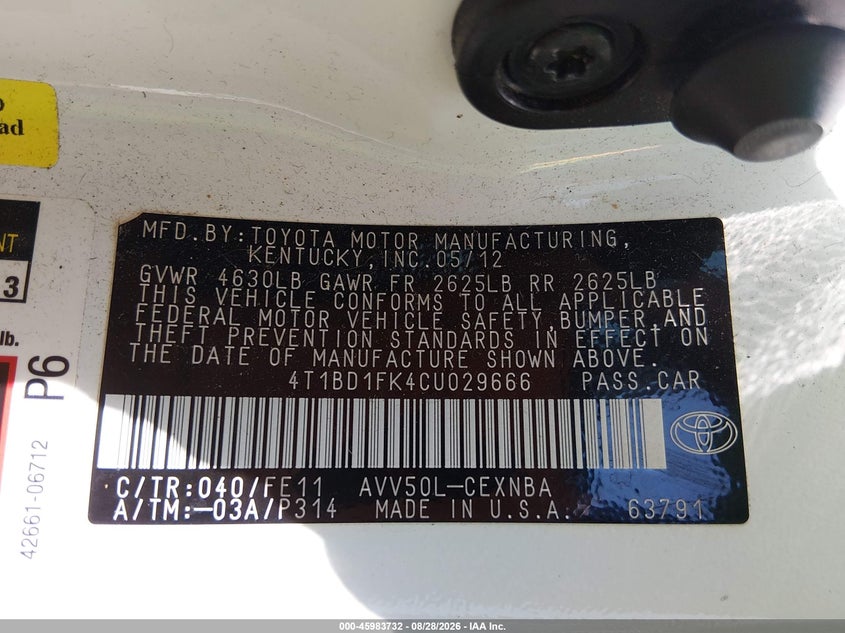 TOYOTA CAMRY HYBRID 2012 VIN 4T1BD1FK4CU029666