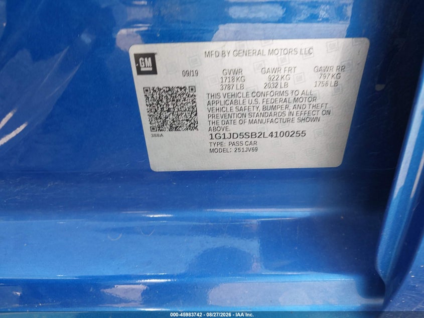 CHEVROLET SONIC 2020 VIN 1G1JD5SB2L4100255