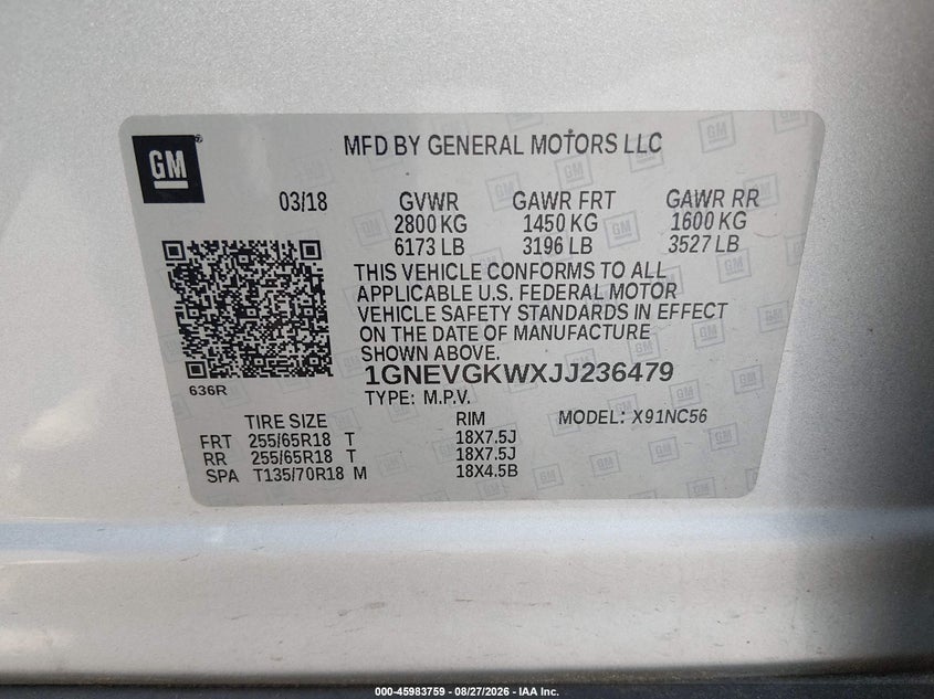 CHEVROLET TRAVERSE 2018 VIN 1GNEVGKWXJJ236479
