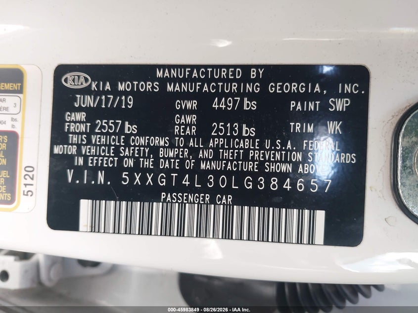 KIA OPTIMA 2020 VIN 5XXGT4L30LG384657