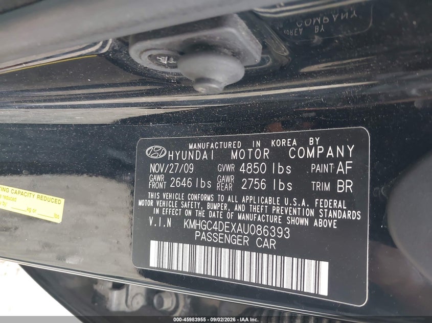 HYUNDAI GENESIS 2010 VIN KMHGC4DEXAU086393
