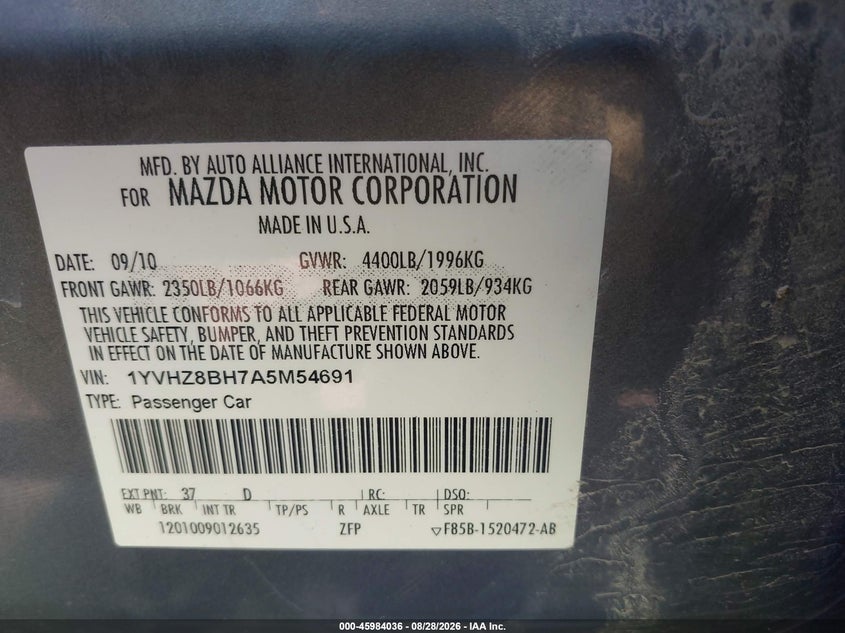 MAZDA MAZDA6 2010 VIN 1YVHZ8BH7A5M54691