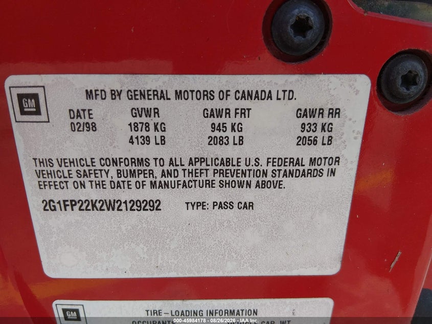 CHEVROLET CAMARO 1998 VIN 2G1FP22K2W2129292