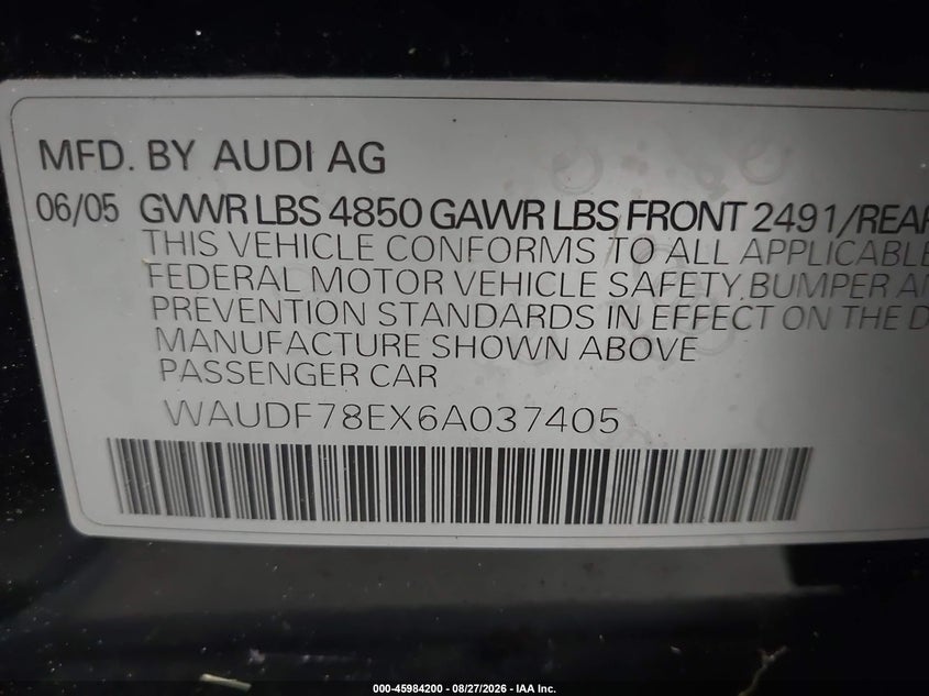 AUDI A4 2006 VIN WAUDF78EX6A037405