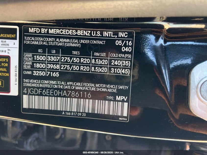 MERCEDES-BENZ GLS 450 2017 VIN 4JGDF6EE0HA786116
