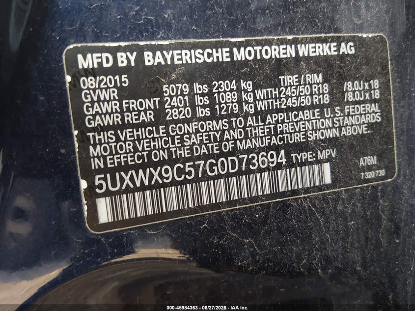 BMW X3 2016 VIN 5UXWX9C57G0D73694