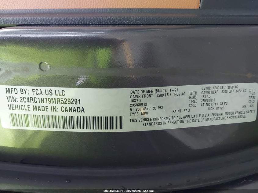 CHRYSLER PACIFICA HYBRID 2021 VIN 2C4RC1N79MR529291
