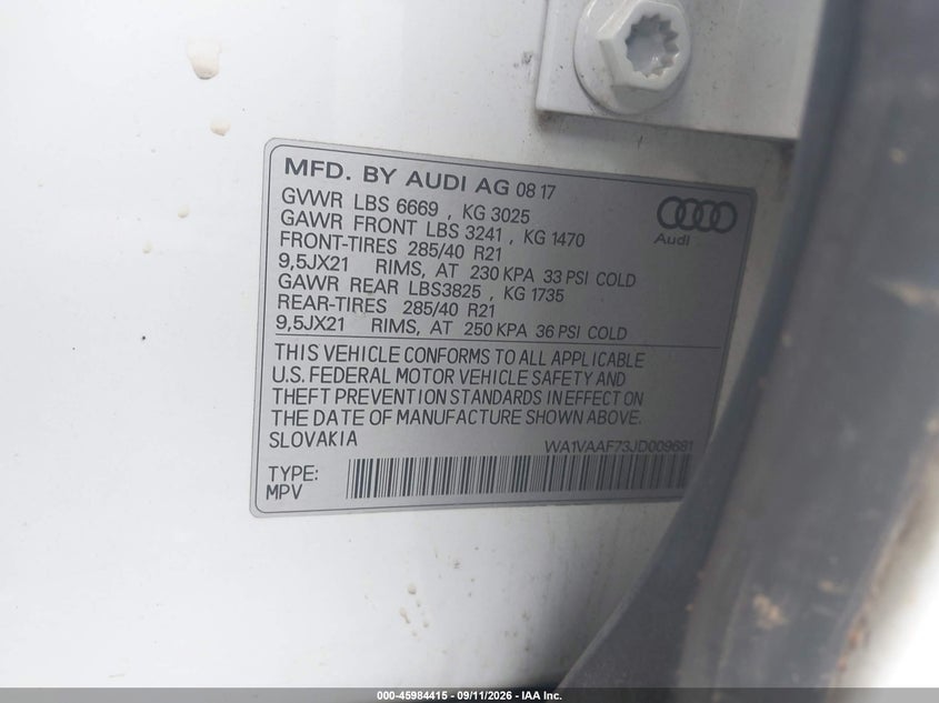 AUDI Q7 2018 VIN WA1VAAF73JD009681