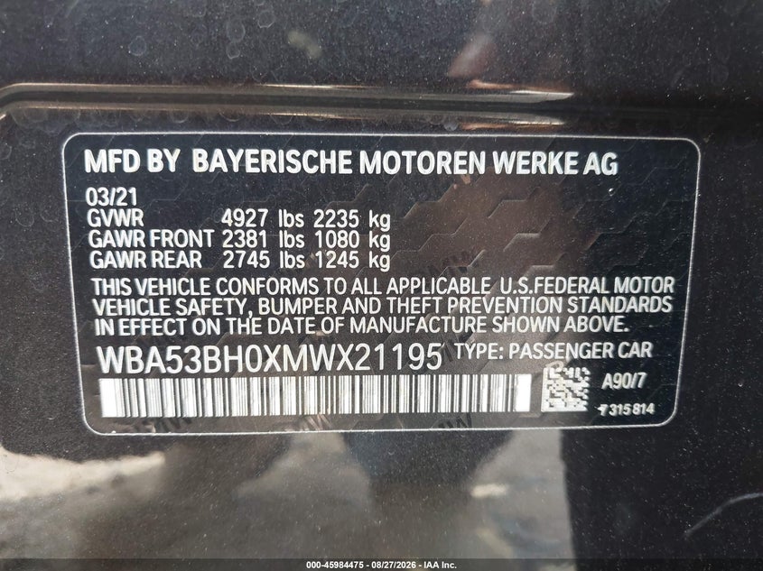 BMW 530I 2021 VIN WBA53BH0XMWX21195