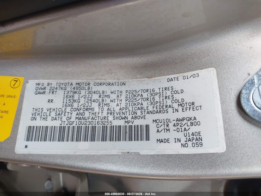 LEXUS RX 300 2003 VIN JTJGF10U230163255