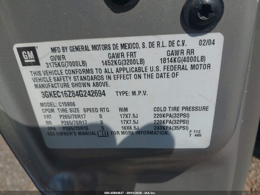 GMC YUKON XL 1500 2004 VIN 3GKEC16Z84G242694