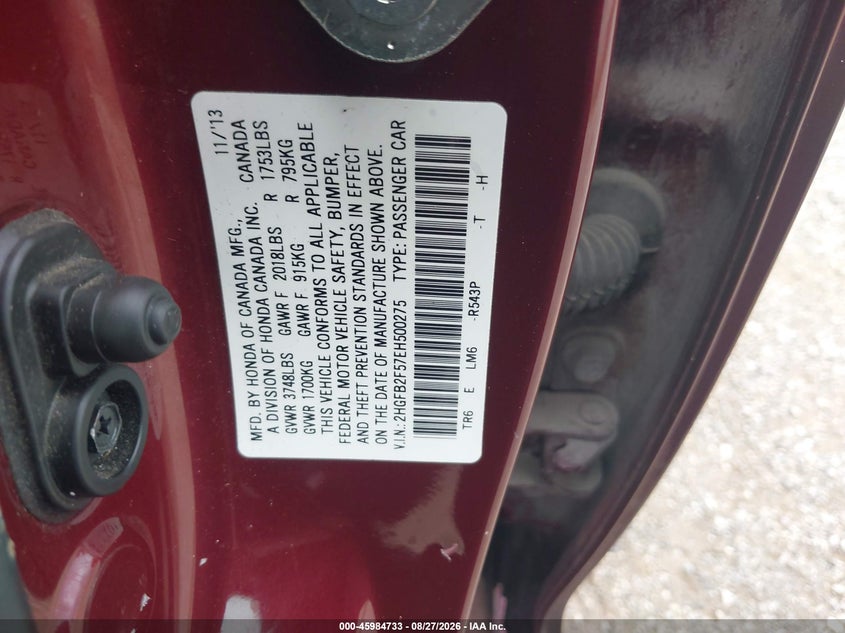 2014 HONDA CIVIC SEDAN 1.8L I-4 VVT, 143HP