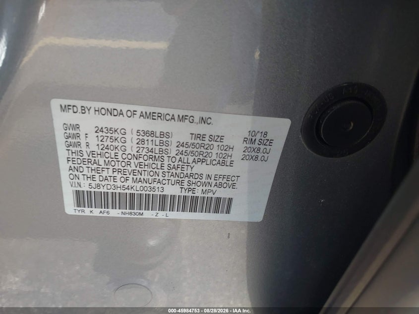 ACURA MDX 2019 VIN 5J8YD3H54KL003513