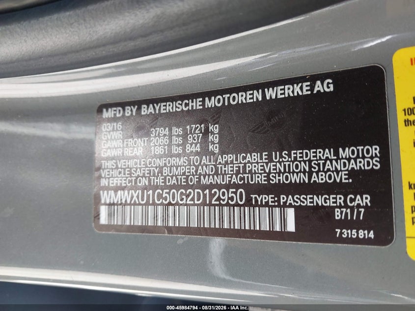 MINI HARDTOP 2016 VIN WMWXU1C50G2D12950