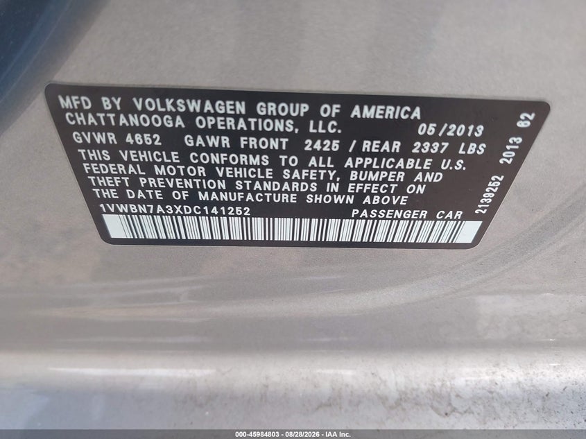 VOLKSWAGEN PASSAT 2013 VIN 1VWBN7A3XDC141252