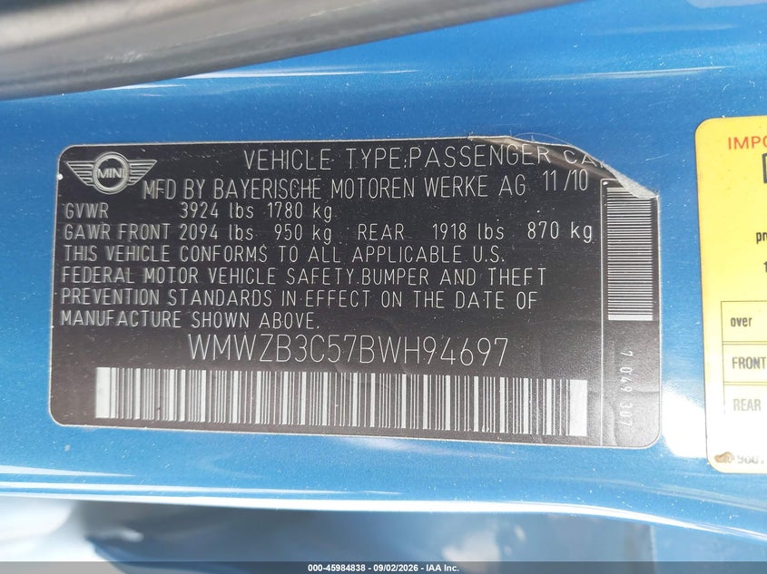 MINI COOPER COUNTRYMAN 2011 VIN WMWZB3C57BWH94697