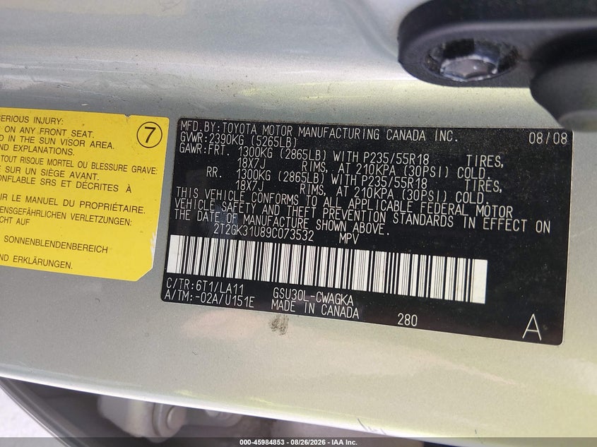 LEXUS RX 350 2009 VIN 2T2GK31U89C073532