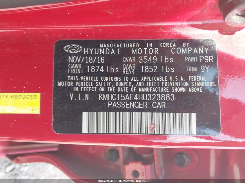 2017 HYUNDAI ACCENT HATCHBACK 1.6L I-4 DI, DOHC, VVT, REGULAR , 137HP