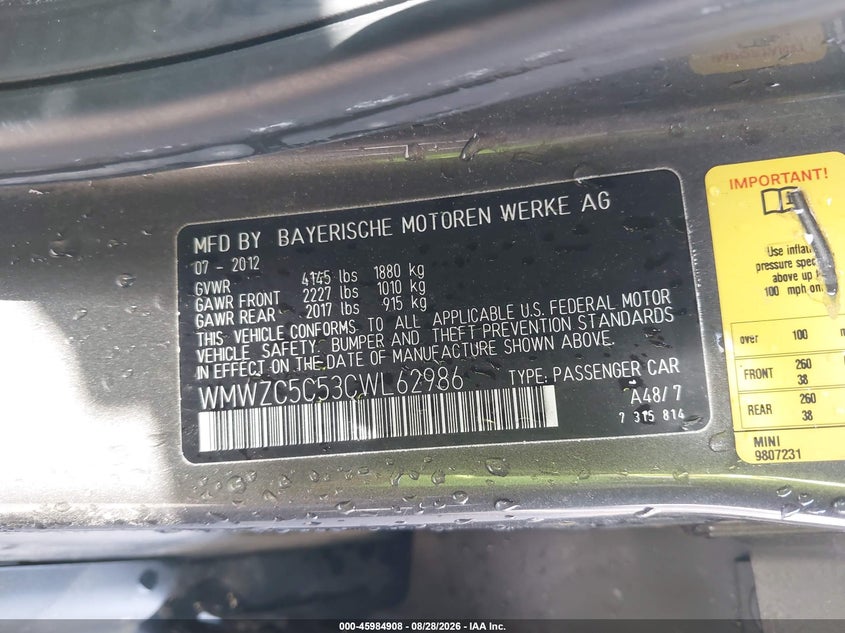 MINI COOPER S COUNTRYMAN 2012 VIN WMWZC5C53CWL62986