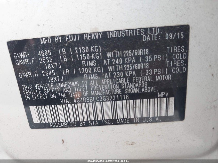 SUBARU OUTBACK 2016 VIN 4S4BSBLC3G3221116