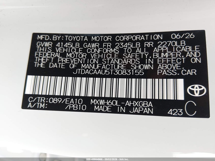 TOYOTA PRIUS 2026 VIN JTDACAAU5T3083155