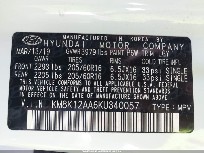 HYUNDAI KONA 2019 VIN KM8K12AA6KU340057