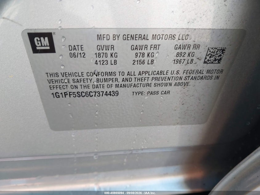 CHEVROLET CRUZE 2012 VIN 1G1PF5SC6C7374439