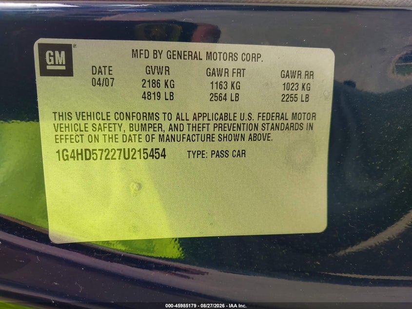BUICK LUCERNE 2007 VIN 1G4HD57227U215454