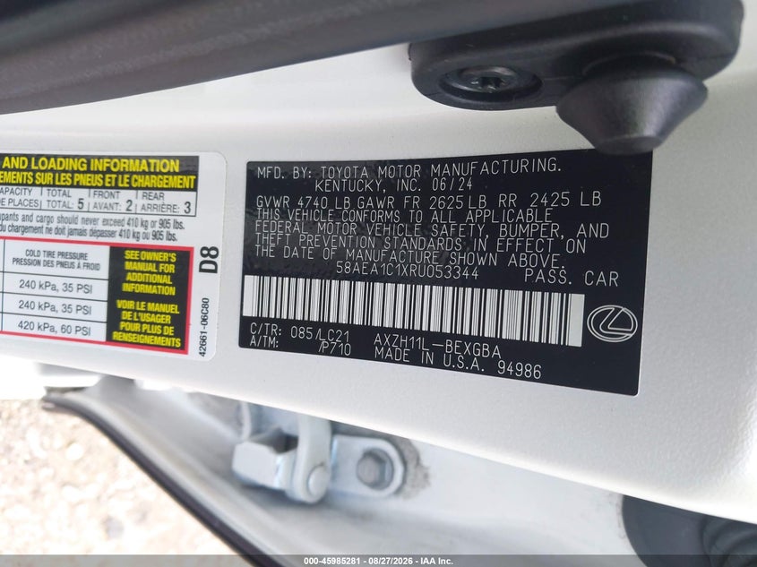 LEXUS ES 300H 2024 VIN 58AEA1C1XRU053344