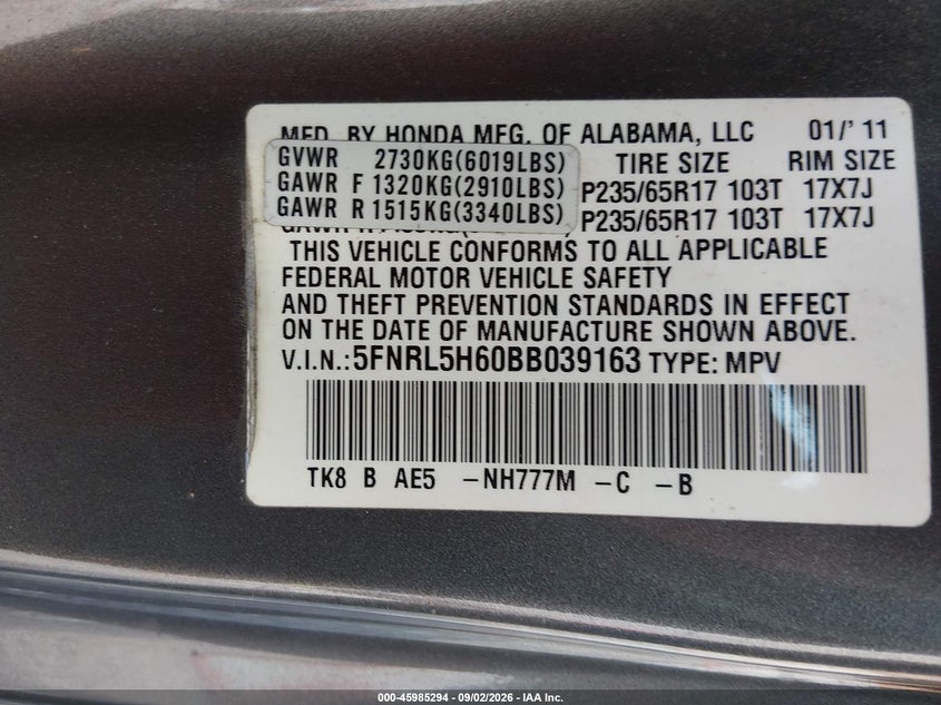 2011 HONDA ODYSSEY VAN 3.5L V-6 VVT, REGULAR , 248HP