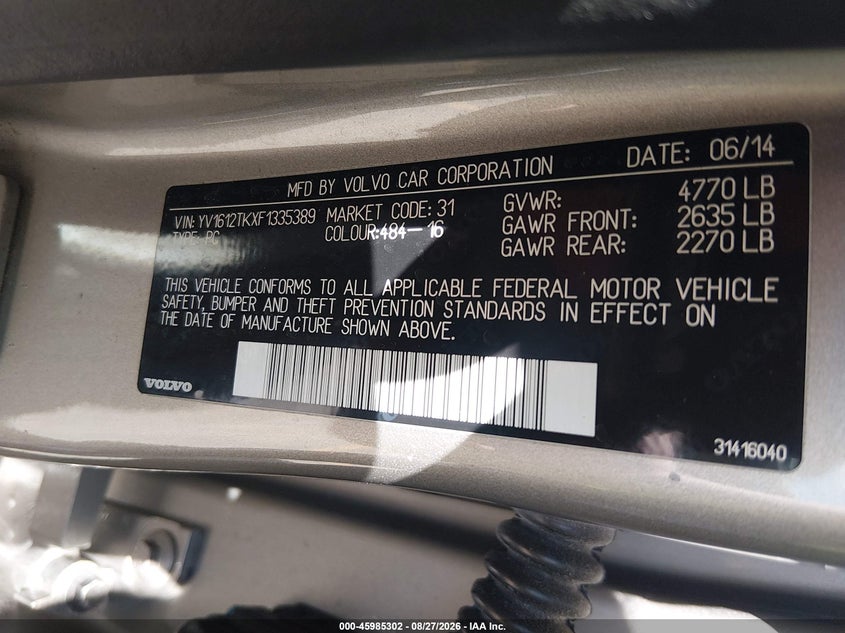 VOLVO S60 2015 VIN YV1612TKXF1335389