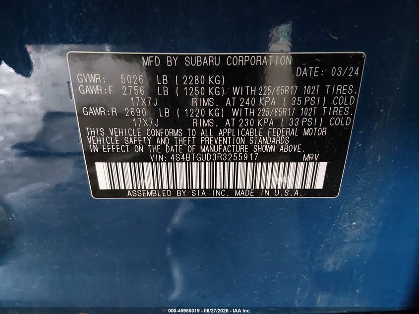 SUBARU OUTBACK 2024 VIN 4S4BTGUD3R3255917