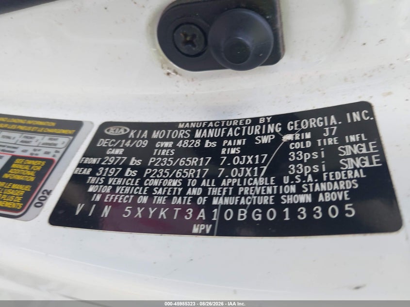 KIA SORENTO 2011 VIN 5XYKT3A10BG013305