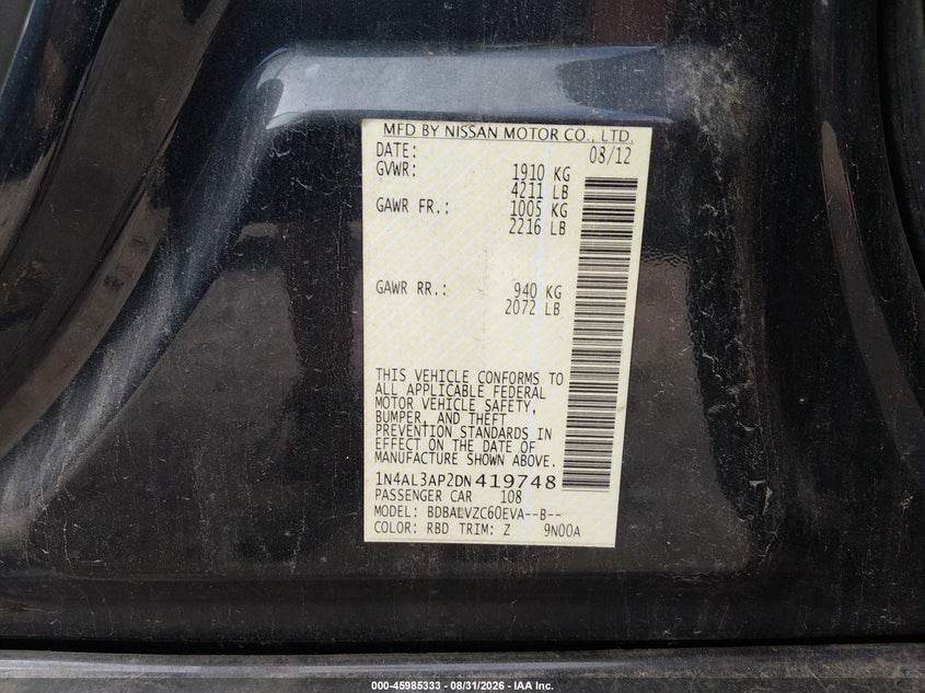NISSAN ALTIMA 2013 VIN 1N4AL3AP2DN419748