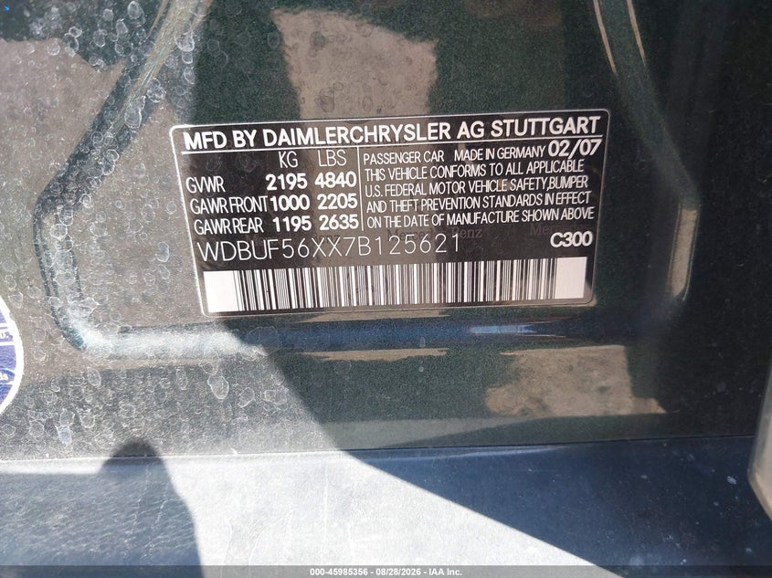 MERCEDES-BENZ E 350 2007 VIN WDBUF56XX7B125621