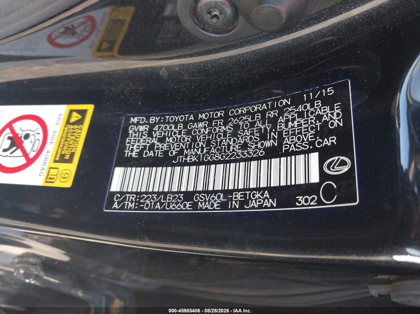 LEXUS ES 350 2016 VIN JTHBK1GG8G2233326