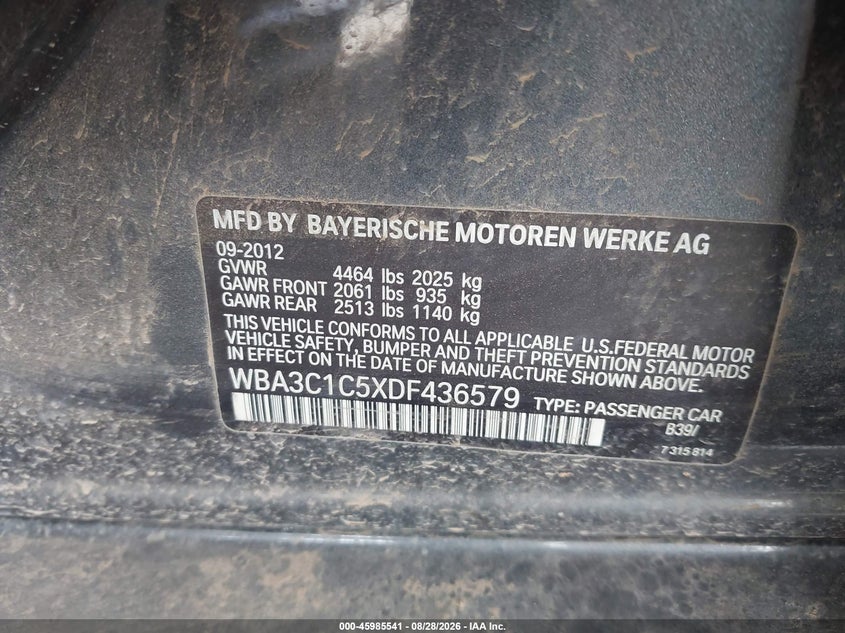 BMW 328I 2013 VIN WBA3C1C5XDF436579