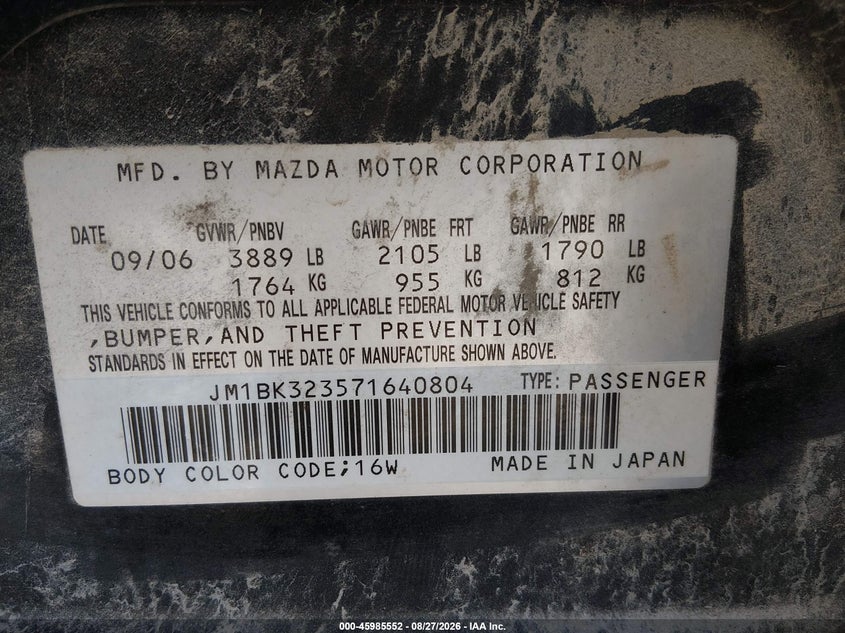 MAZDA MAZDA3 2007 VIN JM1BK323571640804