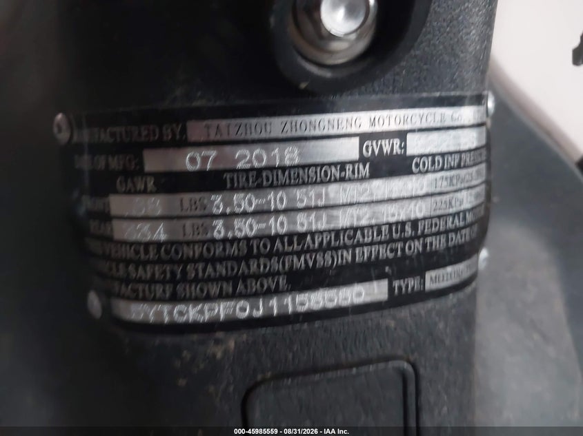 ZNEN ZN50QT/ ZN150T 2018 VIN L5YTCKPF0J1158580