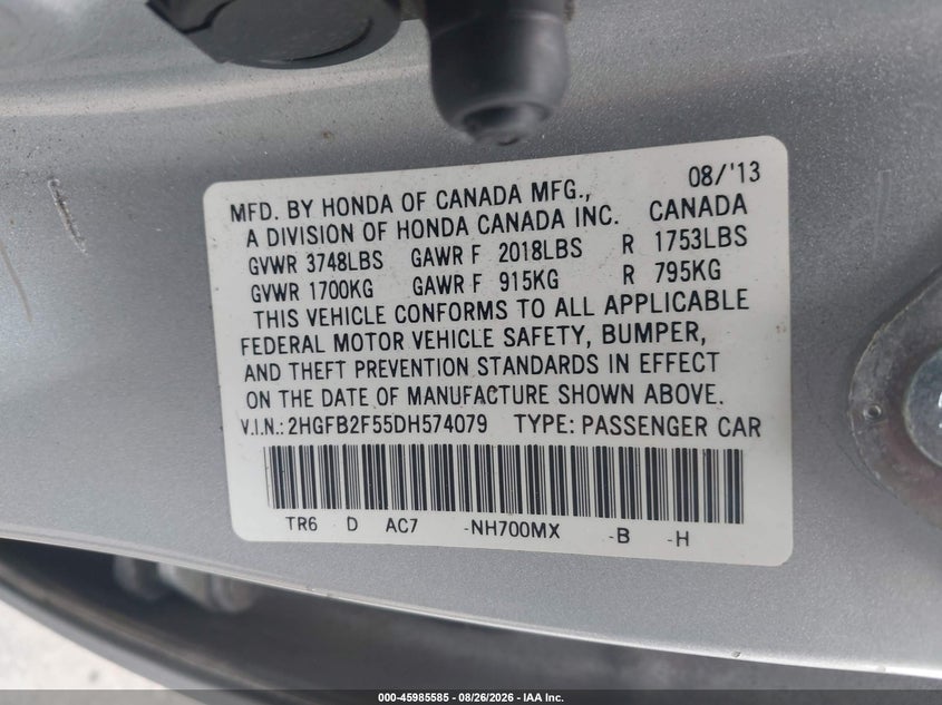 HONDA CIVIC 2013 VIN 2HGFB2F55DH574079