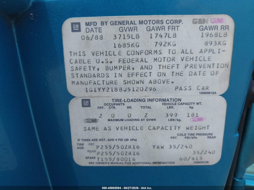 CHEVROLET CORVETTE 1988 VIN 1G1YY2188J5120296