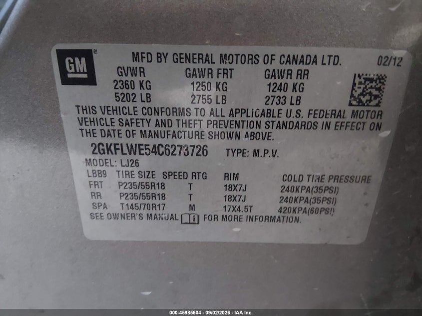 GMC TERRAIN 2012 VIN 2GKFLWE54C6273726