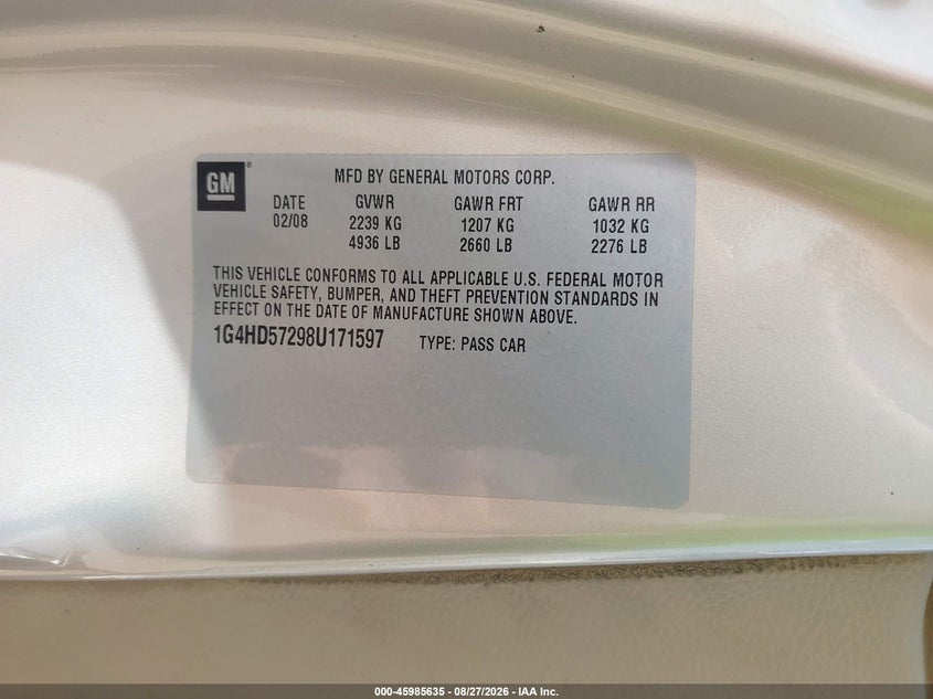 BUICK LUCERNE 2008 VIN 1G4HD57298U171597